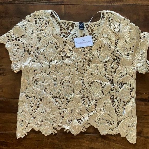 Windsor Tops - Beautiful Golden Floral Crochet Overlay Top